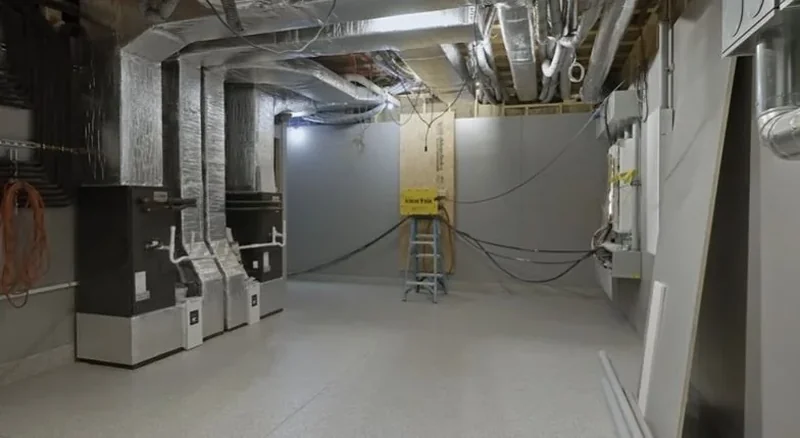 Utility room with piping and equipment along the wall of a large building