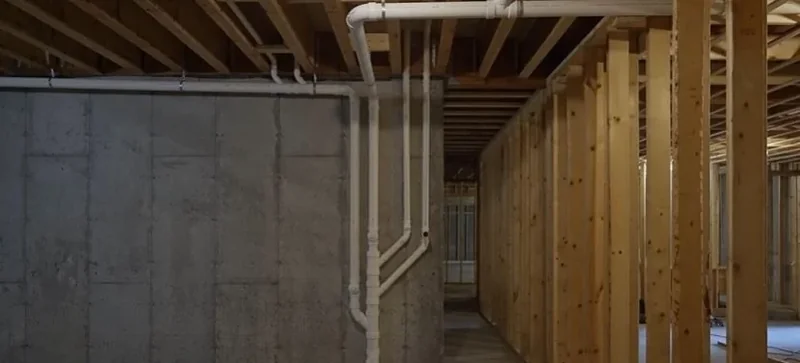 Large white drain and vent pipes running along a concrete wall in an open building