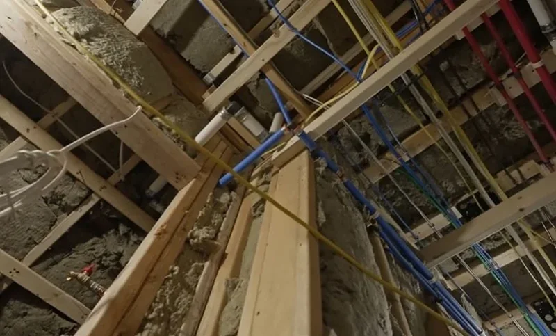 Overhead view of pipes and wood framing in a large building under construction