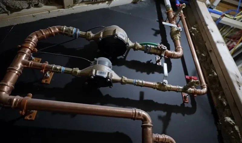 Copper water lines with water meters and shutoff valves on a basement wall